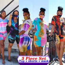 Load image into Gallery viewer, 2020 Summer Women Tie-dye 3 Pieces Sets Tracksuits Short Sleeve T-shirt Shorts Masks Set Outfits Skinny Elastic Outdoor Wear
