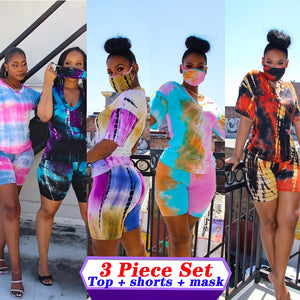 2020 Summer Women Tie-dye 3 Pieces Sets Tracksuits Short Sleeve T-shirt Shorts Masks Set Outfits Skinny Elastic Outdoor Wear