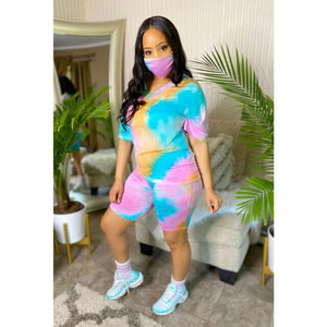 2020 Summer Women Tie-dye 3 Pieces Sets Tracksuits Short Sleeve T-shirt Shorts Masks Set Outfits Skinny Elastic Outdoor Wear