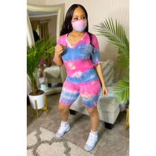Load image into Gallery viewer, 2020 Summer Women Tie-dye 3 Pieces Sets Tracksuits Short Sleeve T-shirt Shorts Masks Set Outfits Skinny Elastic Outdoor Wear
