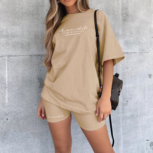 Letter Print 2 Piece Sets Outfits For Women Short Sleeve Oversize TShirt Top Joggers Elastic Biker Shorts Set Summer Lounge Wear