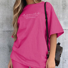 Load image into Gallery viewer, Letter Print 2 Piece Sets Outfits For Women Short Sleeve Oversize TShirt Top Joggers Elastic Biker Shorts Set Summer Lounge Wear
