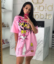 Load image into Gallery viewer, Diamonds Animal Print Dress Women Panther T Shirt Pink Dress Beading T Shirt Dress Summer O Neck Short Sleeve Loose
