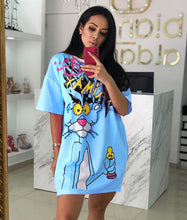 Load image into Gallery viewer, Diamonds Animal Print Dress Women Panther T Shirt Pink Dress Beading T Shirt Dress Summer O Neck Short Sleeve Loose
