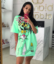 Load image into Gallery viewer, Diamonds Animal Print Dress Women Panther T Shirt Pink Dress Beading T Shirt Dress Summer O Neck Short Sleeve Loose
