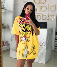 Load image into Gallery viewer, Diamonds Animal Print Dress Women Panther T Shirt Pink Dress Beading T Shirt Dress Summer O Neck Short Sleeve Loose
