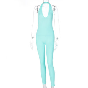 Simenual Solid Bodycon Halter Women Long Jumpsuits Skinny Backless Sleeveless Workout Overalls Sportswear Fashion Basic Jumpsuit