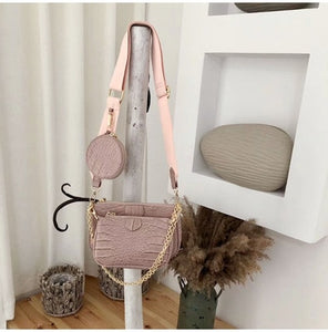 Vintage Crocodile women shoulder bag luxury designer wide strap Crossbody bag chain Sling bag pu leather ladies 3 bag set wallet