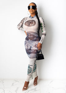 Women New Fashion Long Maxi Dress Sexy Dollar Print Mesh Sheer Long Sleeve Round Neck Dress Spring Autumn Casual Cool Streetwear