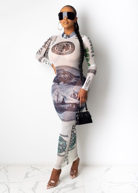 Women New Fashion Long Maxi Dress Sexy Dollar Print Mesh Sheer Long Sleeve Round Neck Dress Spring Autumn Casual Cool Streetwear