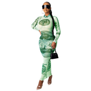 Women New Fashion Long Maxi Dress Sexy Dollar Print Mesh Sheer Long Sleeve Round Neck Dress Spring Autumn Casual Cool Streetwear