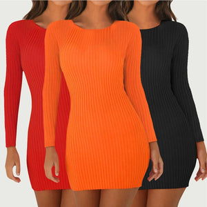 Women Sweaters Dresses Ribbed Knitted Sexy Bodycon Mini Dress Casual O Neck Long Sleeve Autumn Winter Slim Party Dress Vestidos