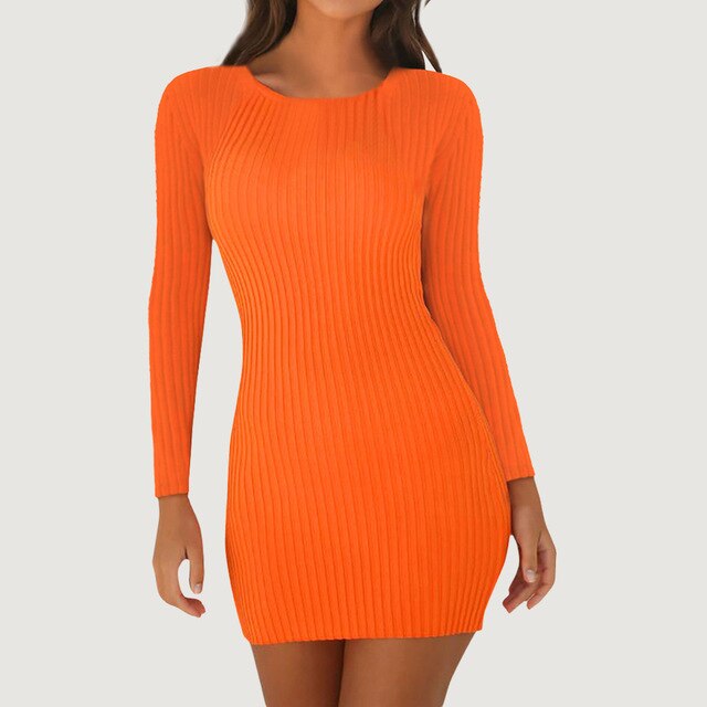 Women Sweaters Dresses Ribbed Knitted Sexy Bodycon Mini Dress Casual O Neck Long Sleeve Autumn Winter Slim Party Dress Vestidos