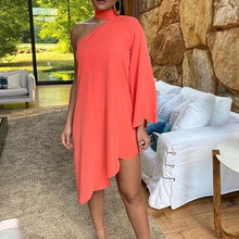 Load image into Gallery viewer, One Shoulder Ruffles Scallop Trim Irregular Dress Women Solid Color Chocker Neck One Sleeve Dress Casual Loose Party Dresses
