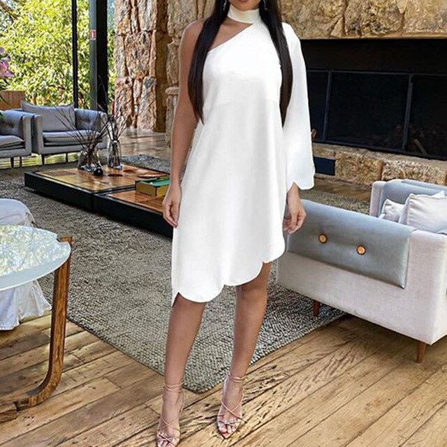 One Shoulder Ruffles Scallop Trim Irregular Dress Women Solid Color Chocker Neck One Sleeve Dress Casual Loose Party Dresses