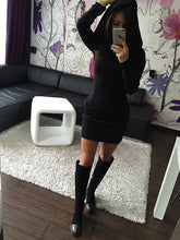Load image into Gallery viewer, fashion and American style winter and autumn solid hooded woman high street sheath long sleeve body con mini female dresses
