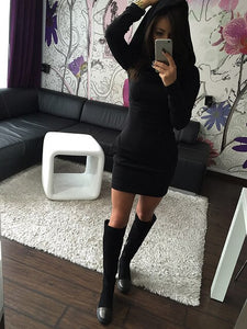 fashion and American style winter and autumn solid hooded woman high street sheath long sleeve body con mini female dresses