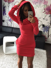 Load image into Gallery viewer, fashion and American style winter and autumn solid hooded woman high street sheath long sleeve body con mini female dresses
