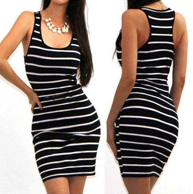 2020New summer casual women's T-shirt sexy slim black and white striped long top dress