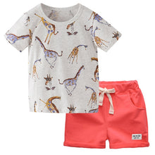 Load image into Gallery viewer, BINIDUCKLING Summer Baby Boys Kids Clothing Sets Cartoon Giraffe T-shirt+Shorts Cotton Outifts Toddler Boys Clothes Set 2T-7T
