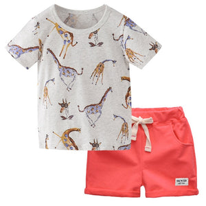 BINIDUCKLING Summer Baby Boys Kids Clothing Sets Cartoon Giraffe T-shirt+Shorts Cotton Outifts Toddler Boys Clothes Set 2T-7T