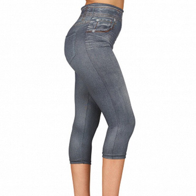 Faux Jeans Leggings Woman Stretch Short Leggins 4\3 Capri Pants Summer Breeches High Waist Perfect Fit Jeans Jeggings