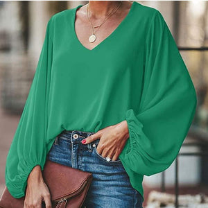 Chiffon Lantern Sleeve Elegant Women Blouse V Neck Solid Loose Female Blouses 2020 Fashion Autumn Ladies Plus Size Top Clothes