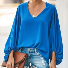 Load image into Gallery viewer, Chiffon Lantern Sleeve Elegant Women Blouse V Neck Solid Loose Female Blouses 2020 Fashion Autumn Ladies Plus Size Top Clothes
