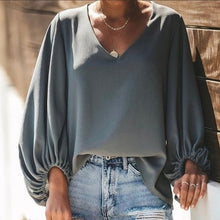 Load image into Gallery viewer, Chiffon Lantern Sleeve Elegant Women Blouse V Neck Solid Loose Female Blouses 2020 Fashion Autumn Ladies Plus Size Top Clothes
