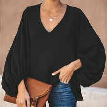 Load image into Gallery viewer, Chiffon Lantern Sleeve Elegant Women Blouse V Neck Solid Loose Female Blouses 2020 Fashion Autumn Ladies Plus Size Top Clothes
