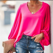Load image into Gallery viewer, Chiffon Lantern Sleeve Elegant Women Blouse V Neck Solid Loose Female Blouses 2020 Fashion Autumn Ladies Plus Size Top Clothes
