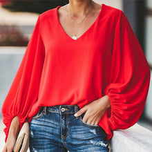 Load image into Gallery viewer, Chiffon Lantern Sleeve Elegant Women Blouse V Neck Solid Loose Female Blouses 2020 Fashion Autumn Ladies Plus Size Top Clothes
