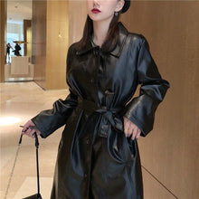 Load image into Gallery viewer, GOOHOJIO Cool PU Leather Long Jacket 2020 Fashion Women Jacket Loose Belt PU Leather Windbreaker Trench Women Coat Slim Autumn
