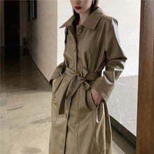 Load image into Gallery viewer, GOOHOJIO Cool PU Leather Long Jacket 2020 Fashion Women Jacket Loose Belt PU Leather Windbreaker Trench Women Coat Slim Autumn
