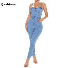 Load image into Gallery viewer, Sexy Jeans Demin  Jumpsuit Women Slash Neck Sleeveless Denim Rompers Buttons Summer 2020 Women Clothes Spaghetti Strap Overalls
