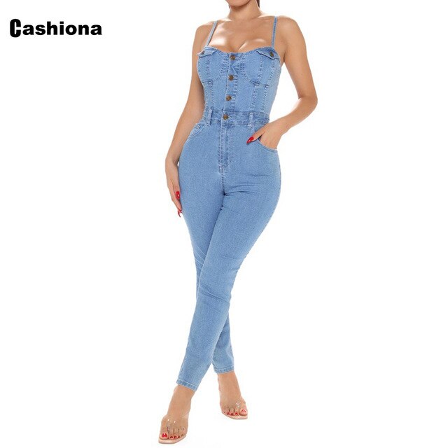 Sexy Jeans Demin  Jumpsuit Women Slash Neck Sleeveless Denim Rompers Buttons Summer 2020 Women Clothes Spaghetti Strap Overalls
