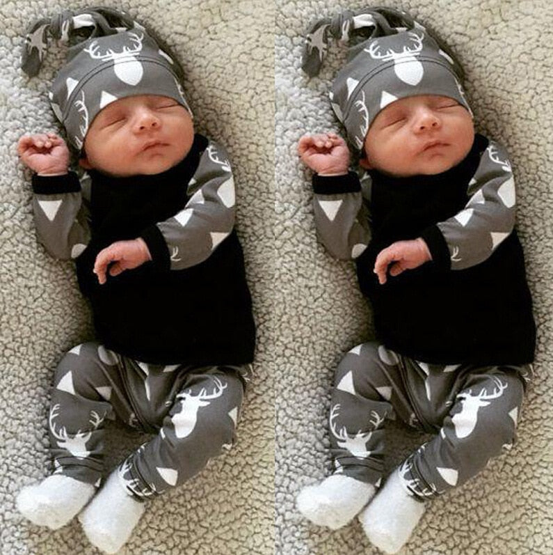 MESOLO Cute Infant Baby Girl Boy Clothes Deer Tops T-shirt+Pants Leggings Hat 3pcs Outfits Kids Clothing Set 0-24M