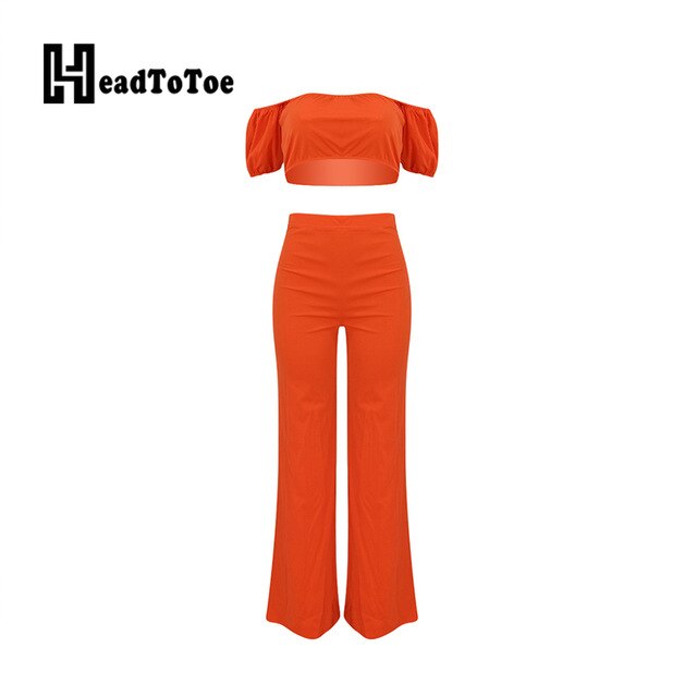Solid Orange Bandeau Off Shoulder Crop Tops & High Waist Pants Set Casual Women Two Pieces Set Outfits Streetwear