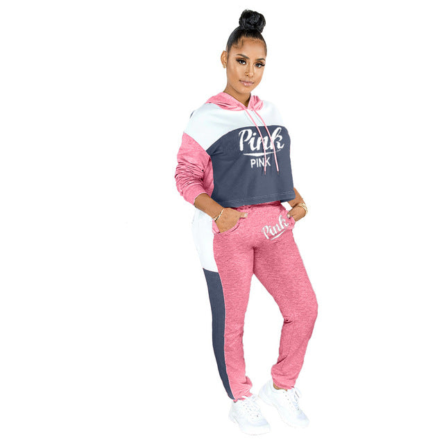 Autumn 2 Piece Set Sportswear Women Tracksuit PINK Letter Print Sweat Suits Plus Size Hoodies + Skinny Pants Jogging Femme