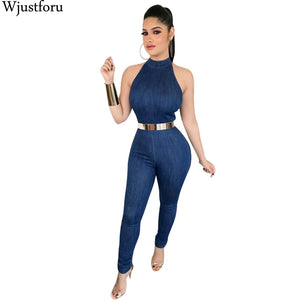 Wjustforu 2019 Sexy Demin Jumpsuit Female Fashion Summer Sleeveless Bodycon Jumpsuit Female Casual Elegant Bodysuit Female Slim
